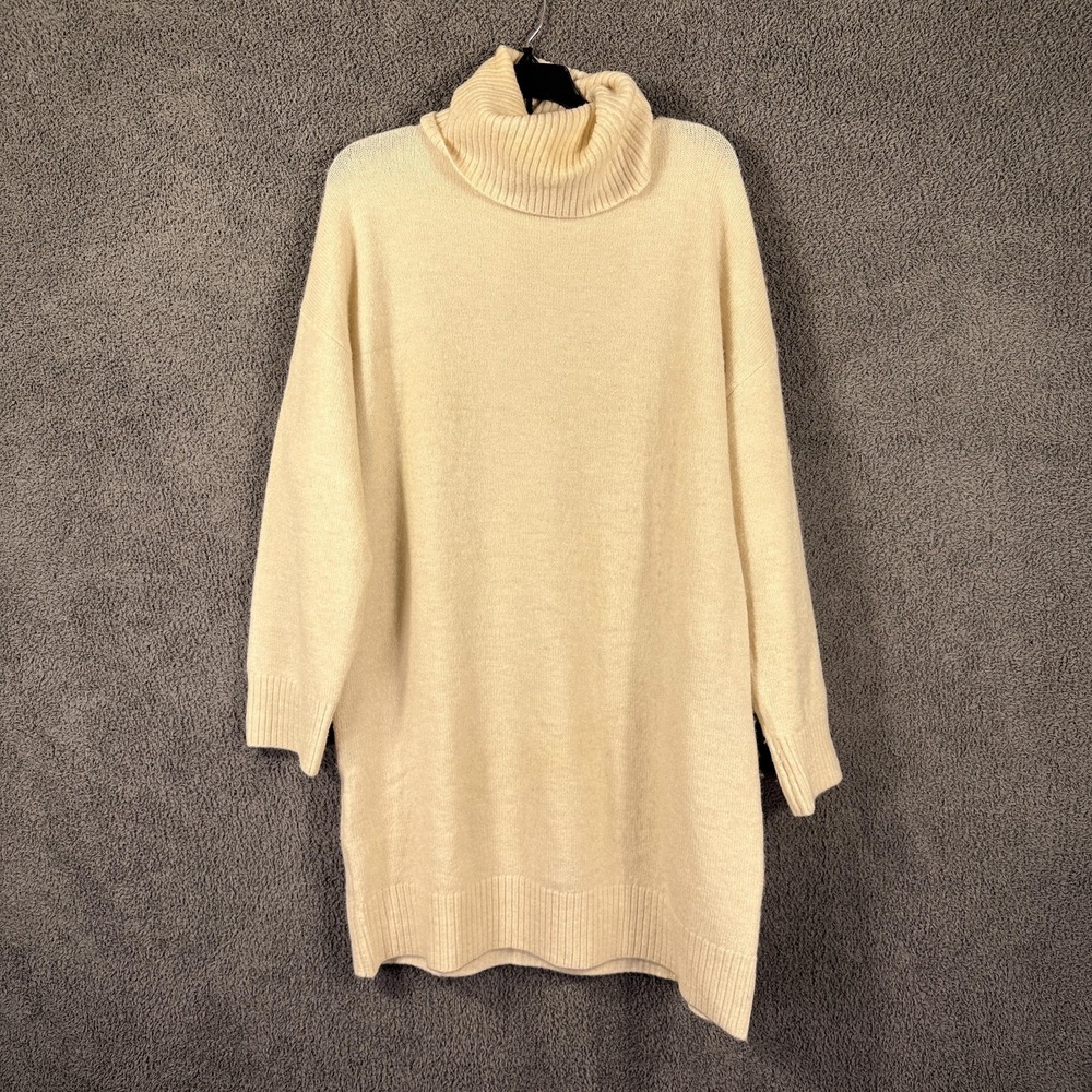 MNG Mango Sweater Womens Medium Cream‎ Turtleneck Tunic Oversized Wool Blend